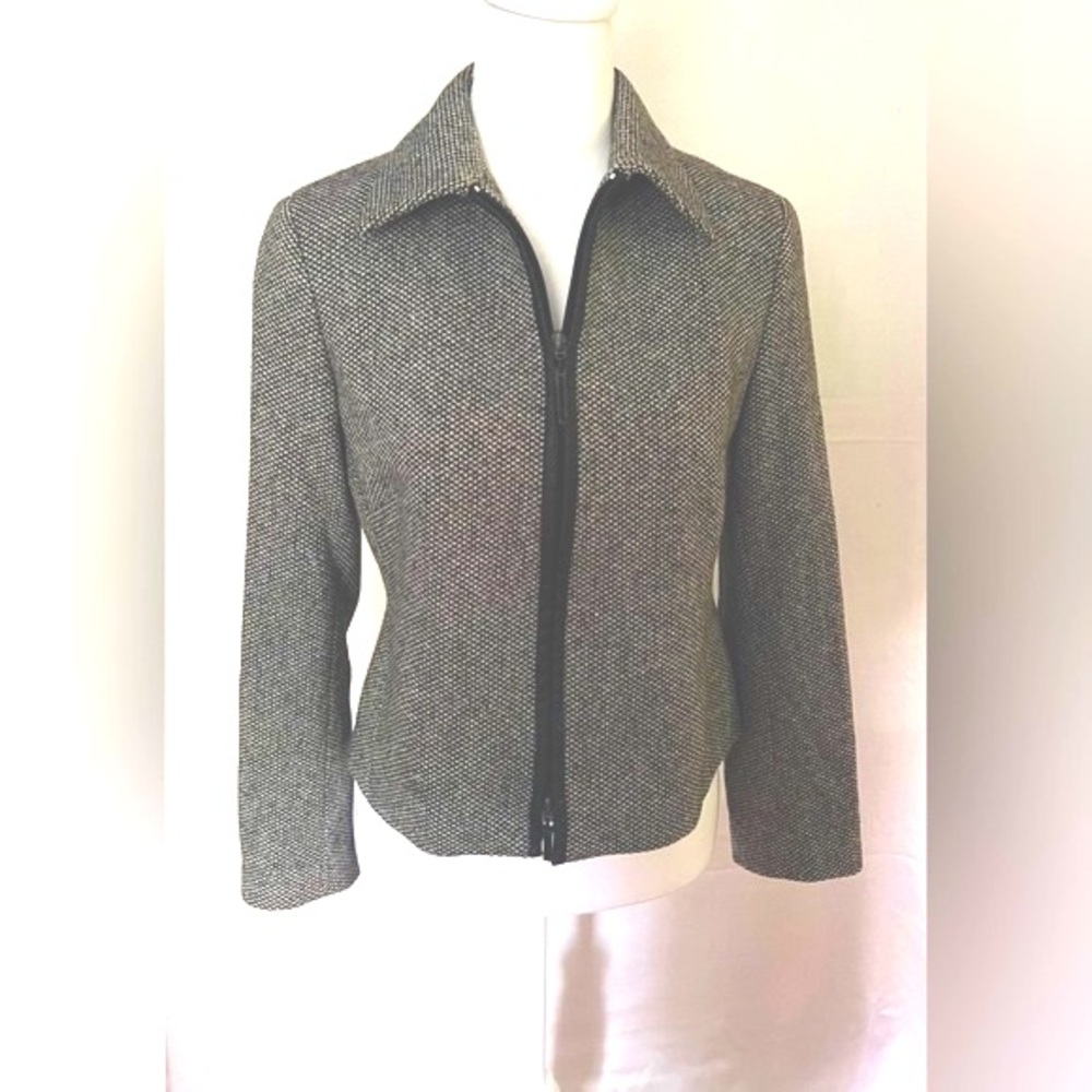 Petite Sophisticate Herringbone Jacket with Faux Leather Trim - Size 4P